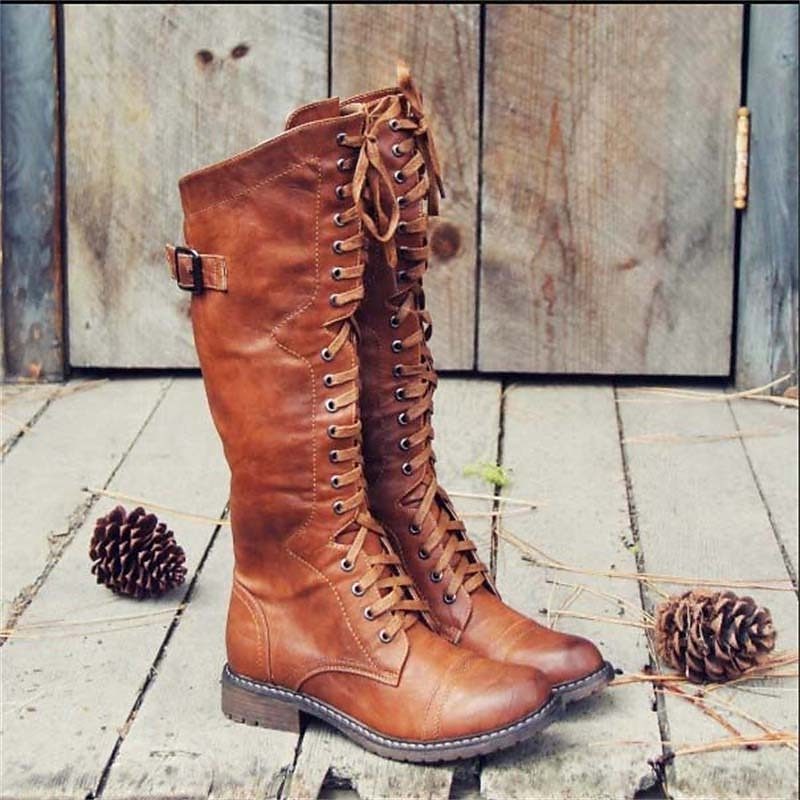 Olivia | Knee High Lace-Up Leather Boots with Side Buckle
