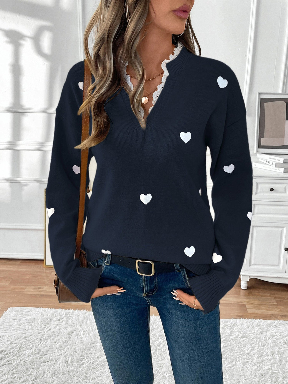 Xenia | Heart Print Knit Jumper with Lace Trim V-Neck