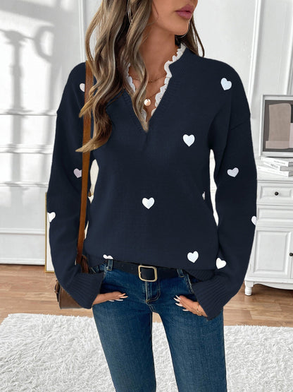 Xenia | Heart Print Knit Jumper with Lace Trim V-Neck