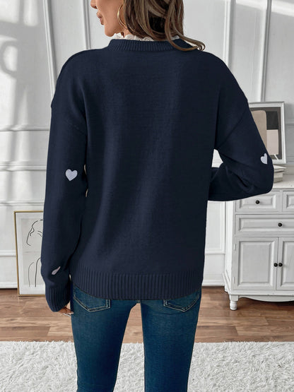 Xenia | Heart Print Knit Jumper with Lace Trim V-Neck