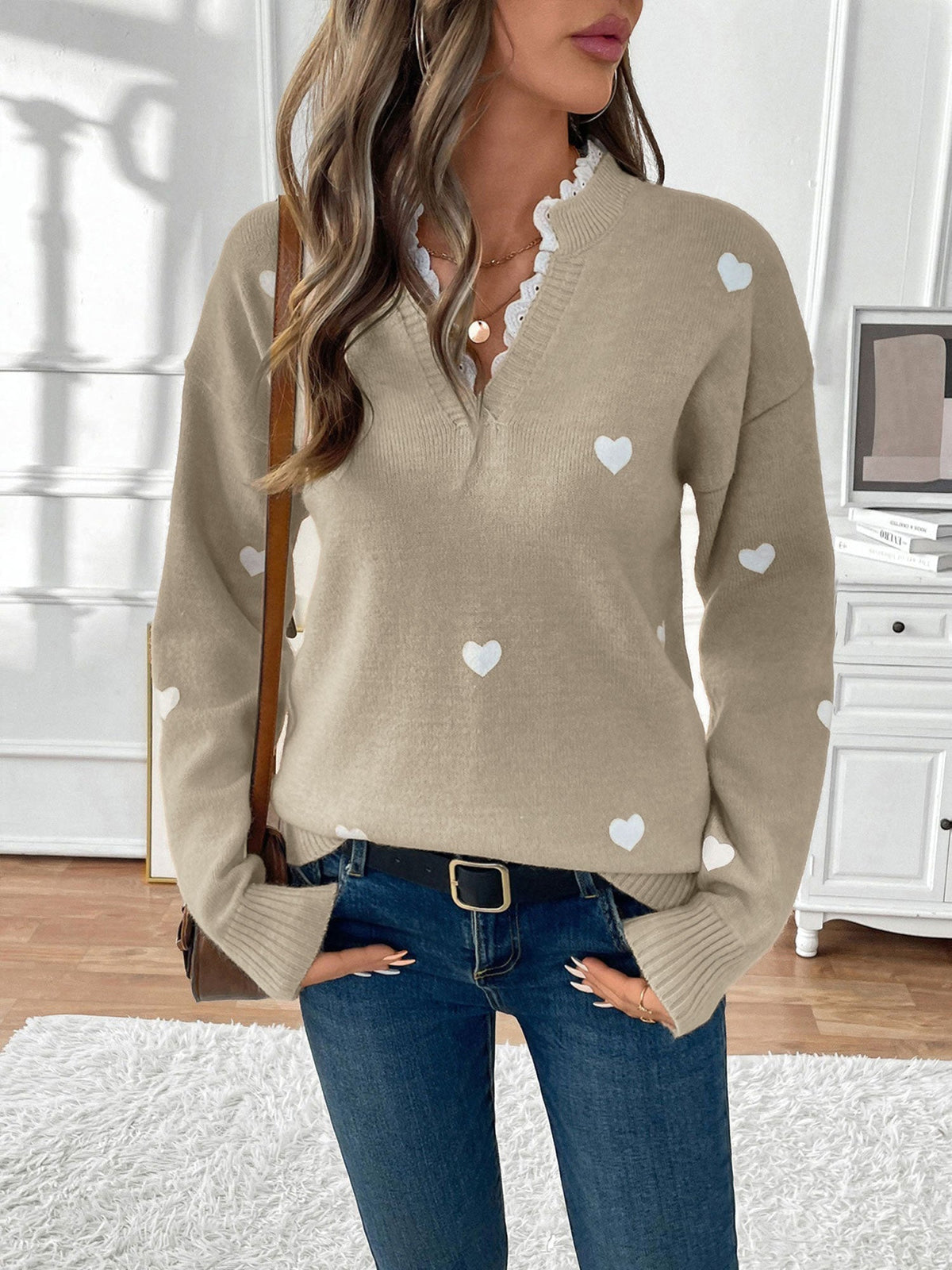 Xenia | Heart Print Knit Jumper with Lace Trim V-Neck