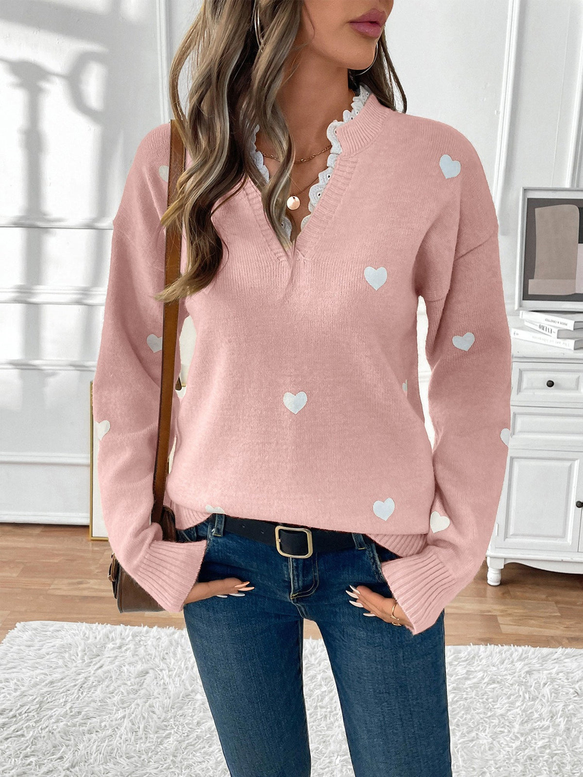 Xenia | Heart Print Knit Jumper with Lace Trim V-Neck