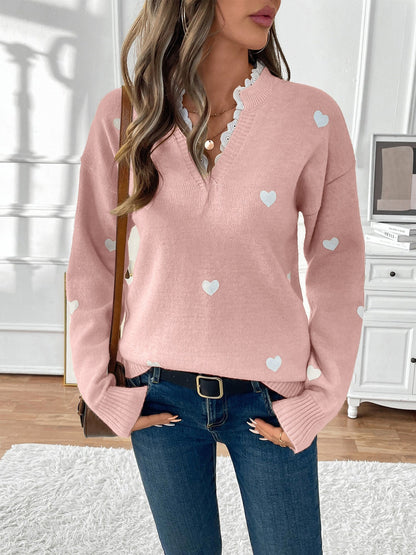 Xenia | Heart Print Knit Jumper with Lace Trim V-Neck