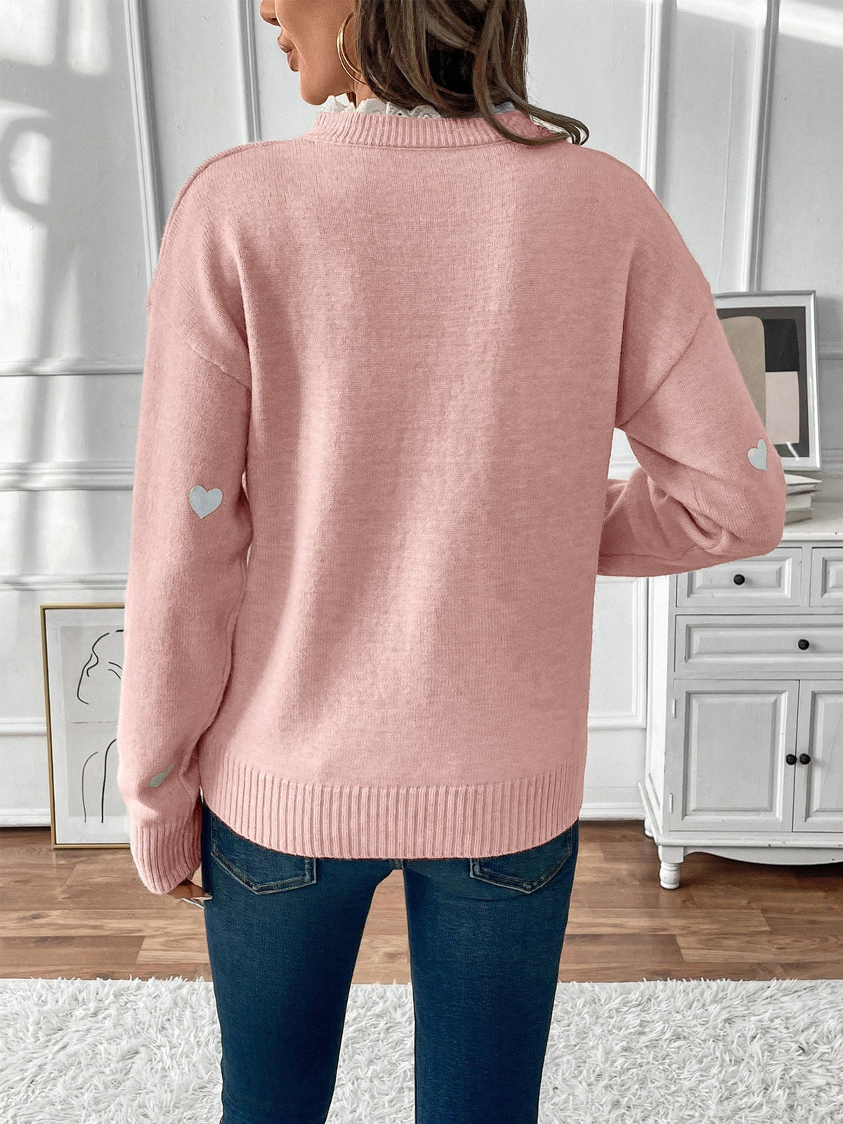 Xenia | Heart Print Knit Jumper with Lace Trim V-Neck