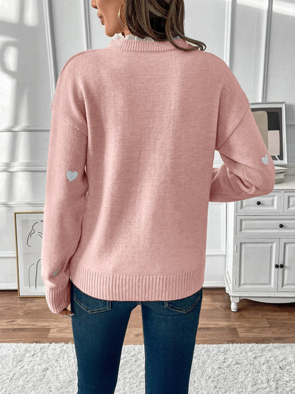Xenia | Heart Print Knit Jumper with Lace Trim V-Neck