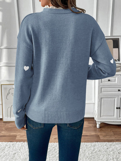 Xenia | Heart Print Knit Jumper with Lace Trim V-Neck