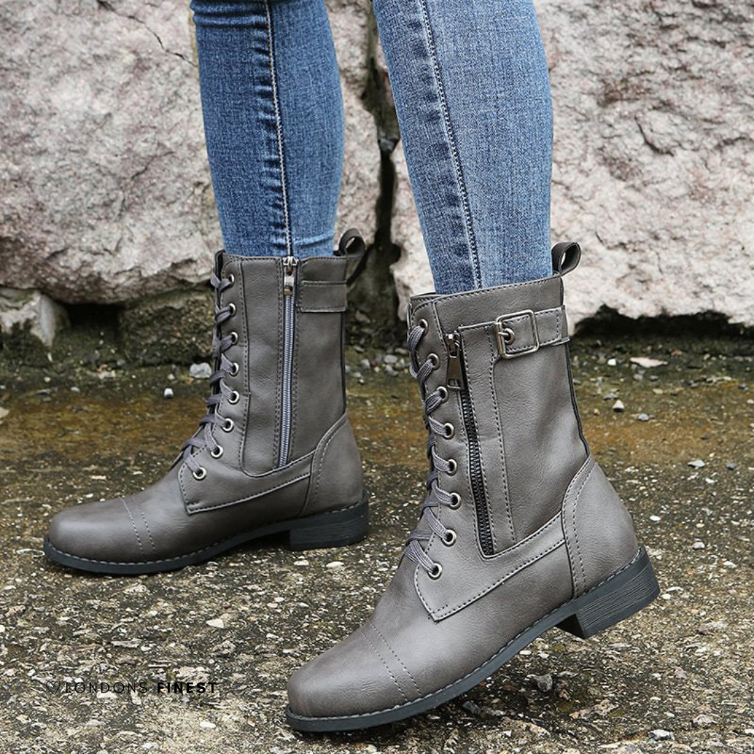 Phoebe | Lace Up Leather Combat Boots with Buckle Strap