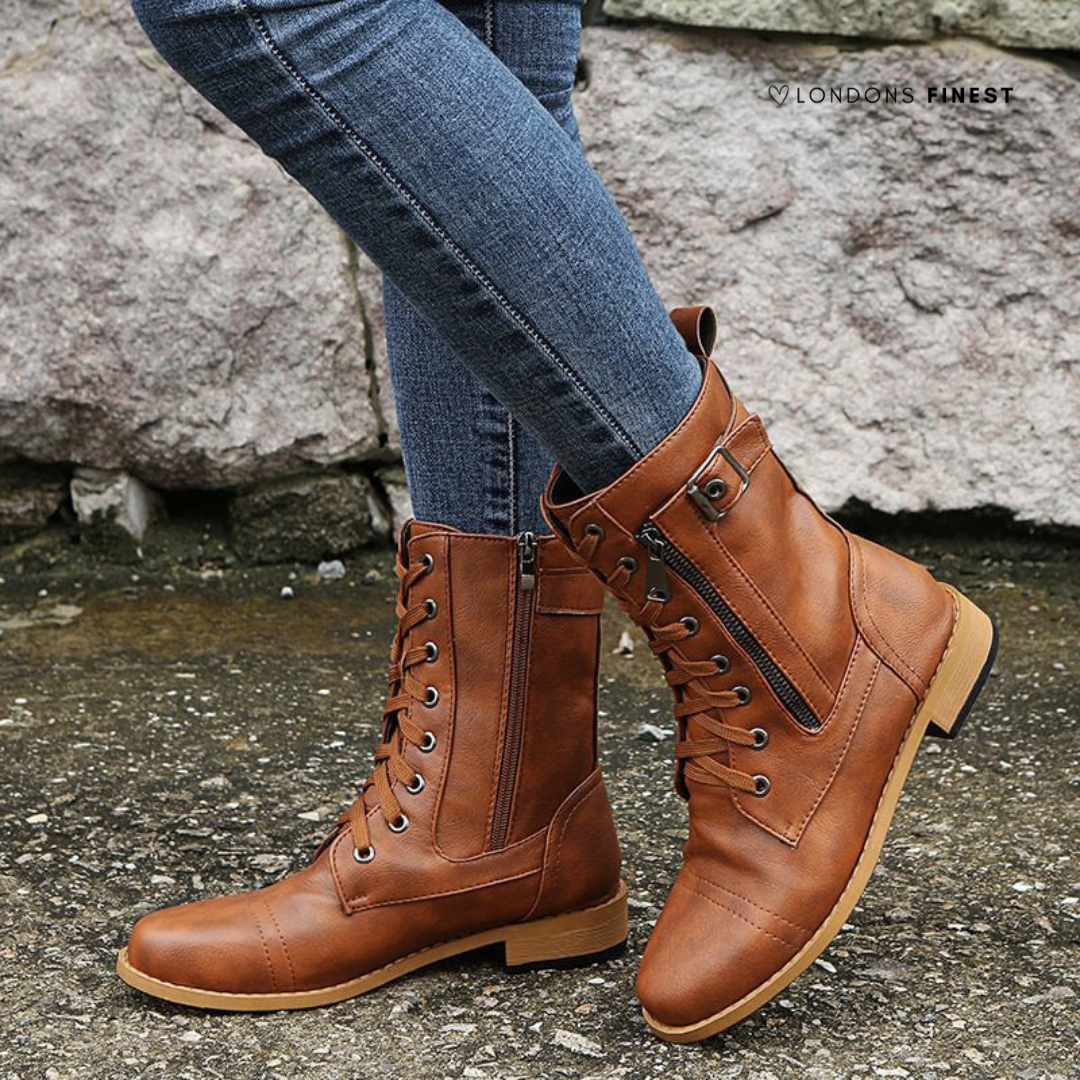 Phoebe | Lace Up Leather Combat Boots with Buckle Strap