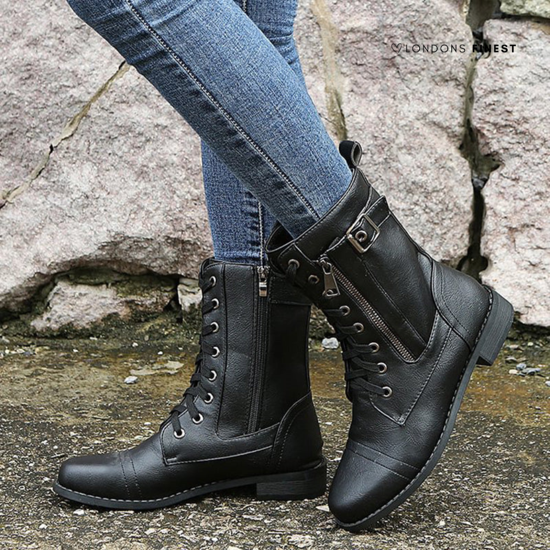 Phoebe | Lace Up Leather Combat Boots with Buckle Strap