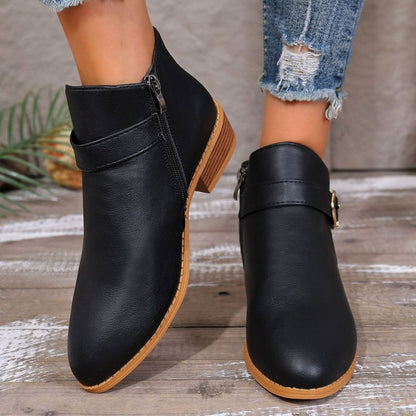 Penelope | Leather Ankle Boots with Buckle Strap and Block Heel