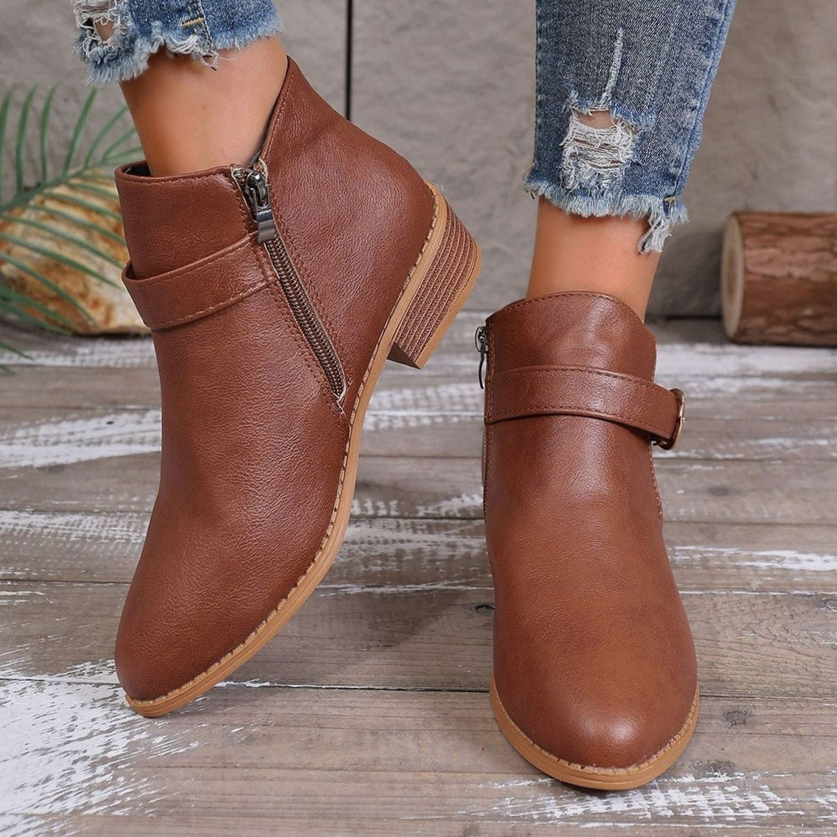 Penelope | Leather Ankle Boots with Buckle Strap and Block Heel