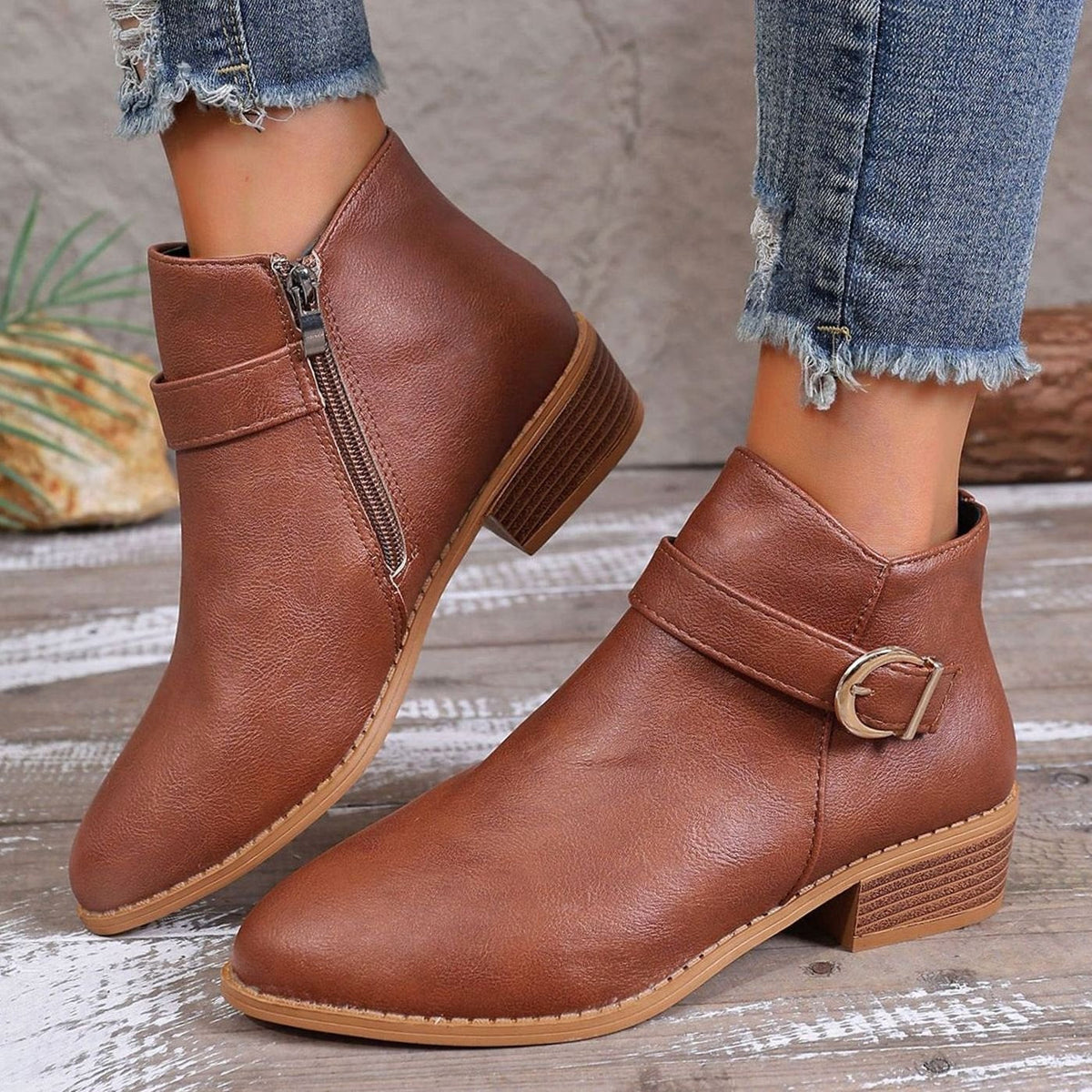 Penelope | Leather Ankle Boots with Buckle Strap and Block Heel