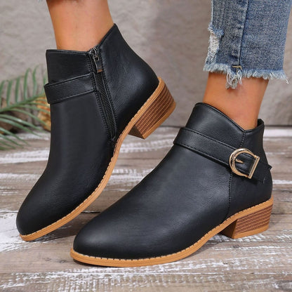 Penelope | Leather Ankle Boots with Buckle Strap and Block Heel