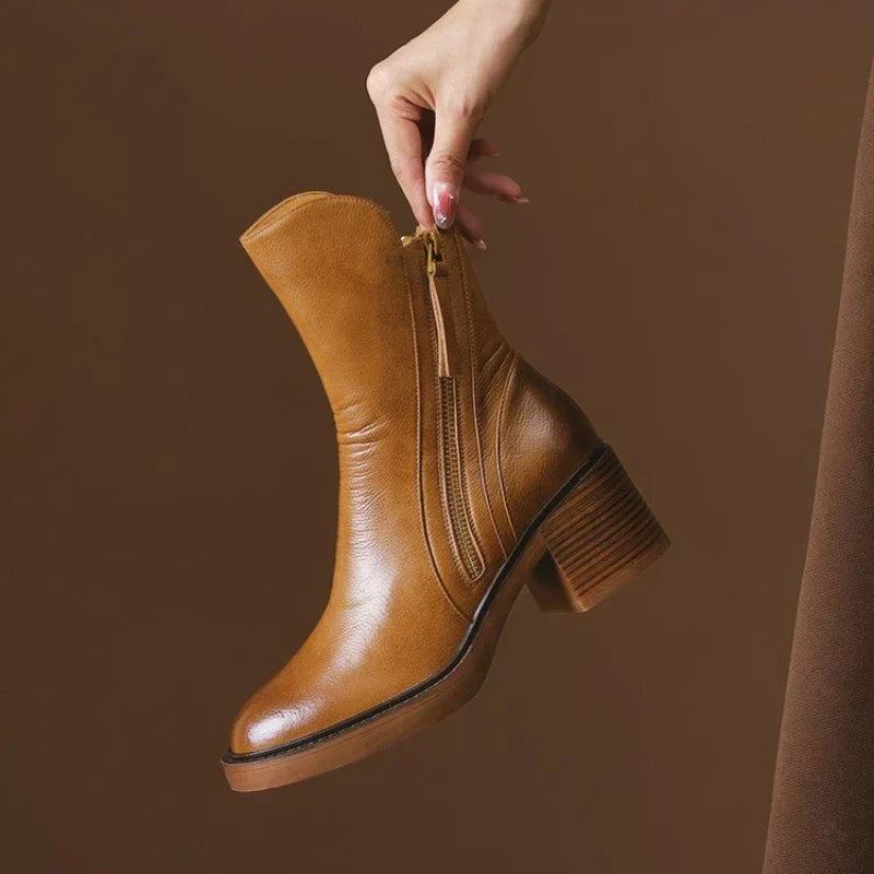 Abigail | Leather Heeled Ankle Boots with Block Heel and Tassel Zip