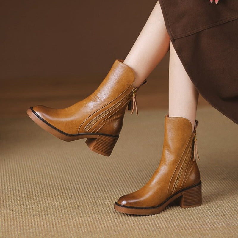 Abigail | Leather Heeled Ankle Boots with Block Heel and Tassel Zip