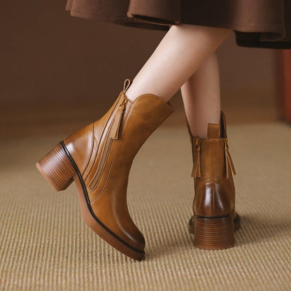 Abigail | Leather Heeled Ankle Boots with Block Heel and Tassel Zip