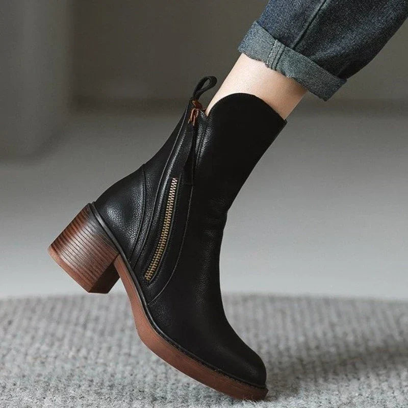 Abigail | Leather Heeled Ankle Boots with Block Heel and Tassel Zip