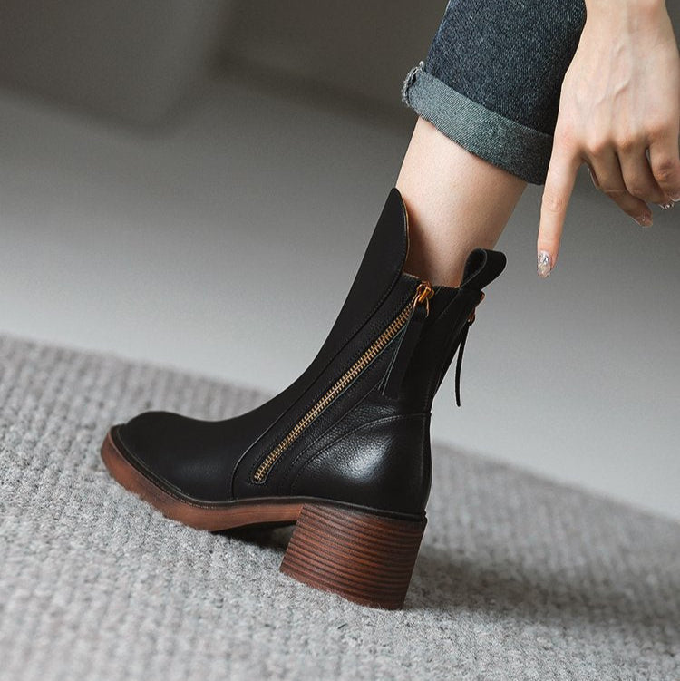 Abigail | Leather Heeled Ankle Boots with Block Heel and Tassel Zip