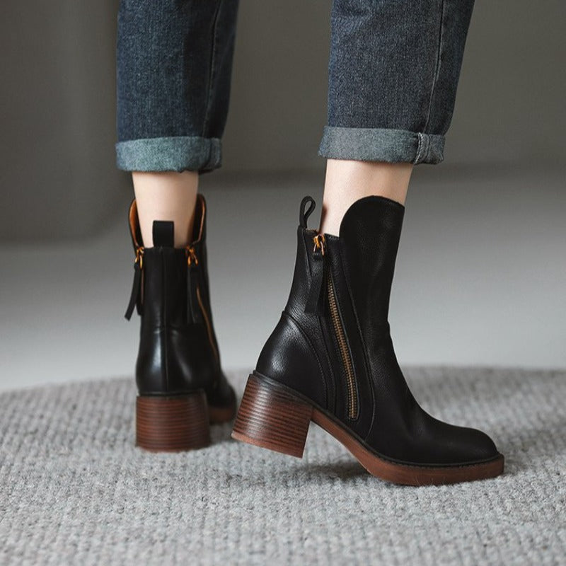 Abigail | Leather Heeled Ankle Boots with Block Heel and Tassel Zip