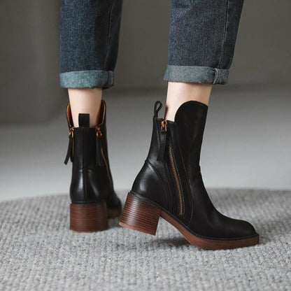 Abigail | Leather Heeled Ankle Boots with Block Heel and Tassel Zip
