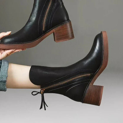 Abigail | Leather Heeled Ankle Boots with Block Heel and Tassel Zip