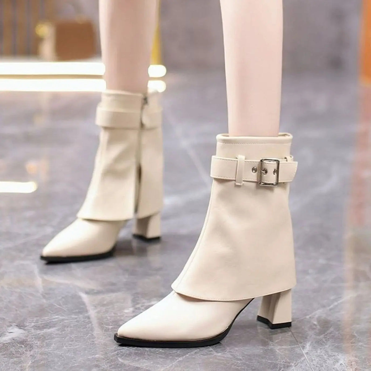 Winifred | Leather Heeled Ankle Boots with Buckle Strap and Pointed Toe