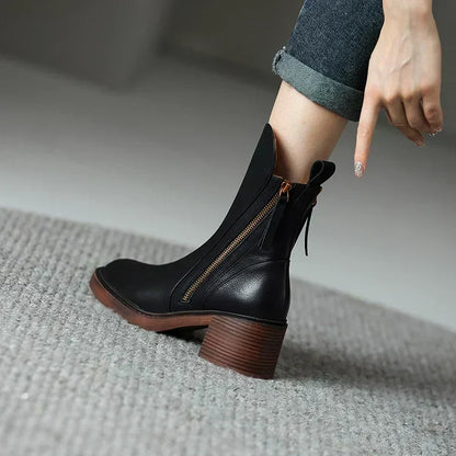 Dymphna | Front Zip Faux Leather Block Heel Ankle Boots