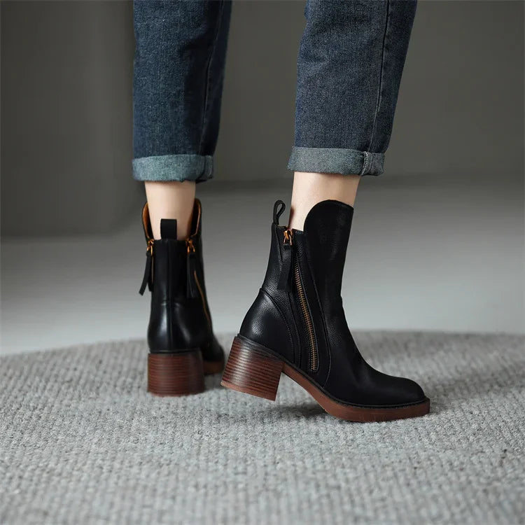 Dymphna | Front Zip Faux Leather Block Heel Ankle Boots