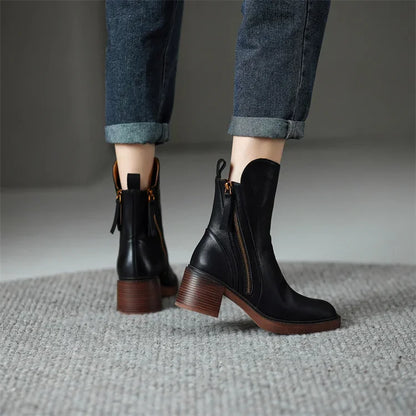 Dymphna | Front Zip Faux Leather Block Heel Ankle Boots