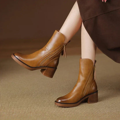 Dymphna | Front Zip Faux Leather Block Heel Ankle Boots