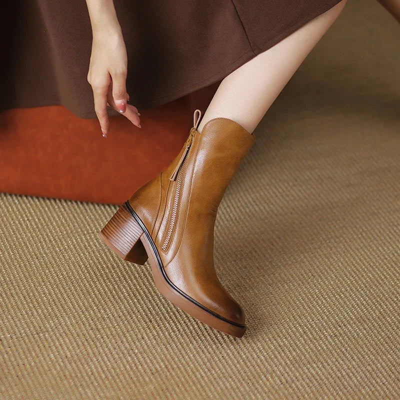 Dymphna | Front Zip Faux Leather Block Heel Ankle Boots