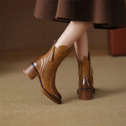 Dymphna | Front Zip Faux Leather Block Heel Ankle Boots