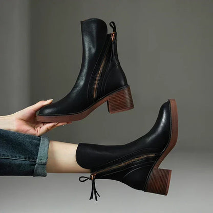 Dymphna | Front Zip Faux Leather Block Heel Ankle Boots