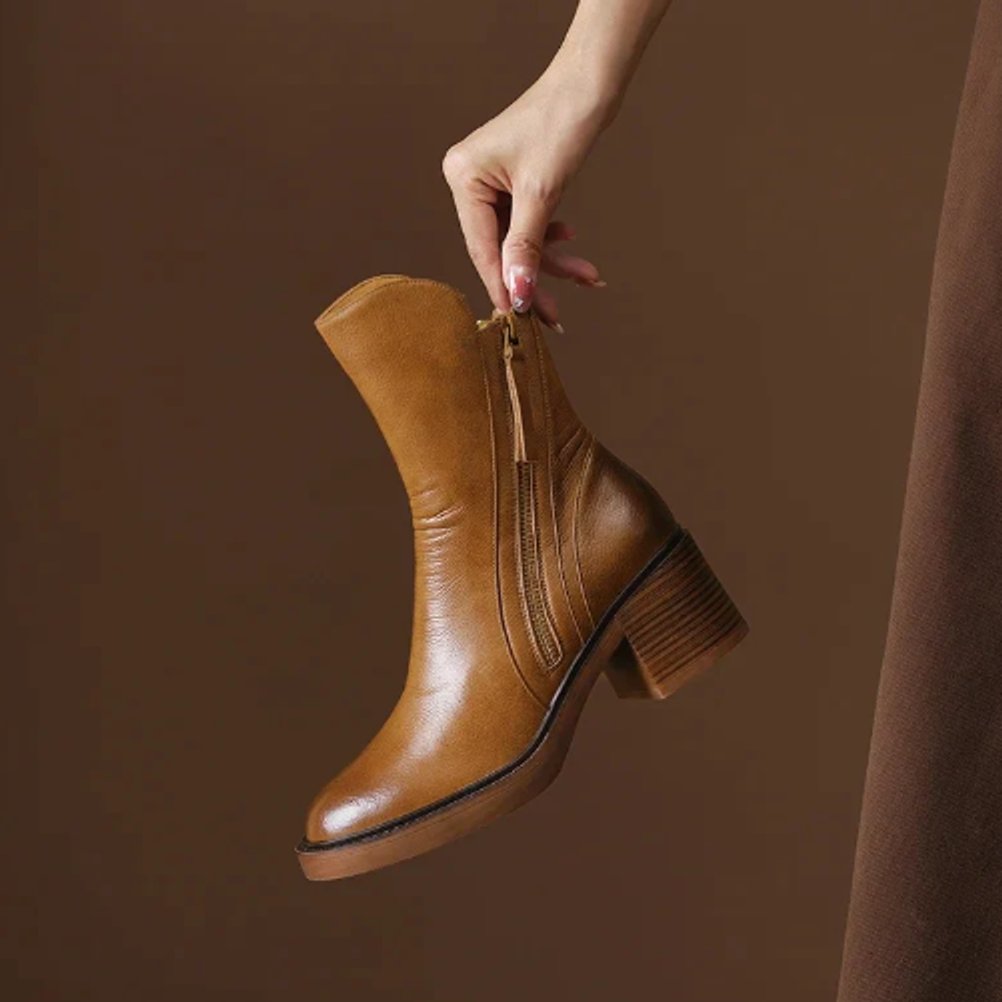 Georgia | Leather Heeled Ankle Boots with Side Zip and Block Heel