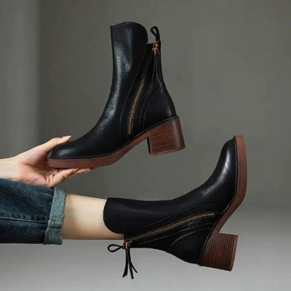 Georgia | Leather Heeled Ankle Boots with Side Zip and Block Heel
