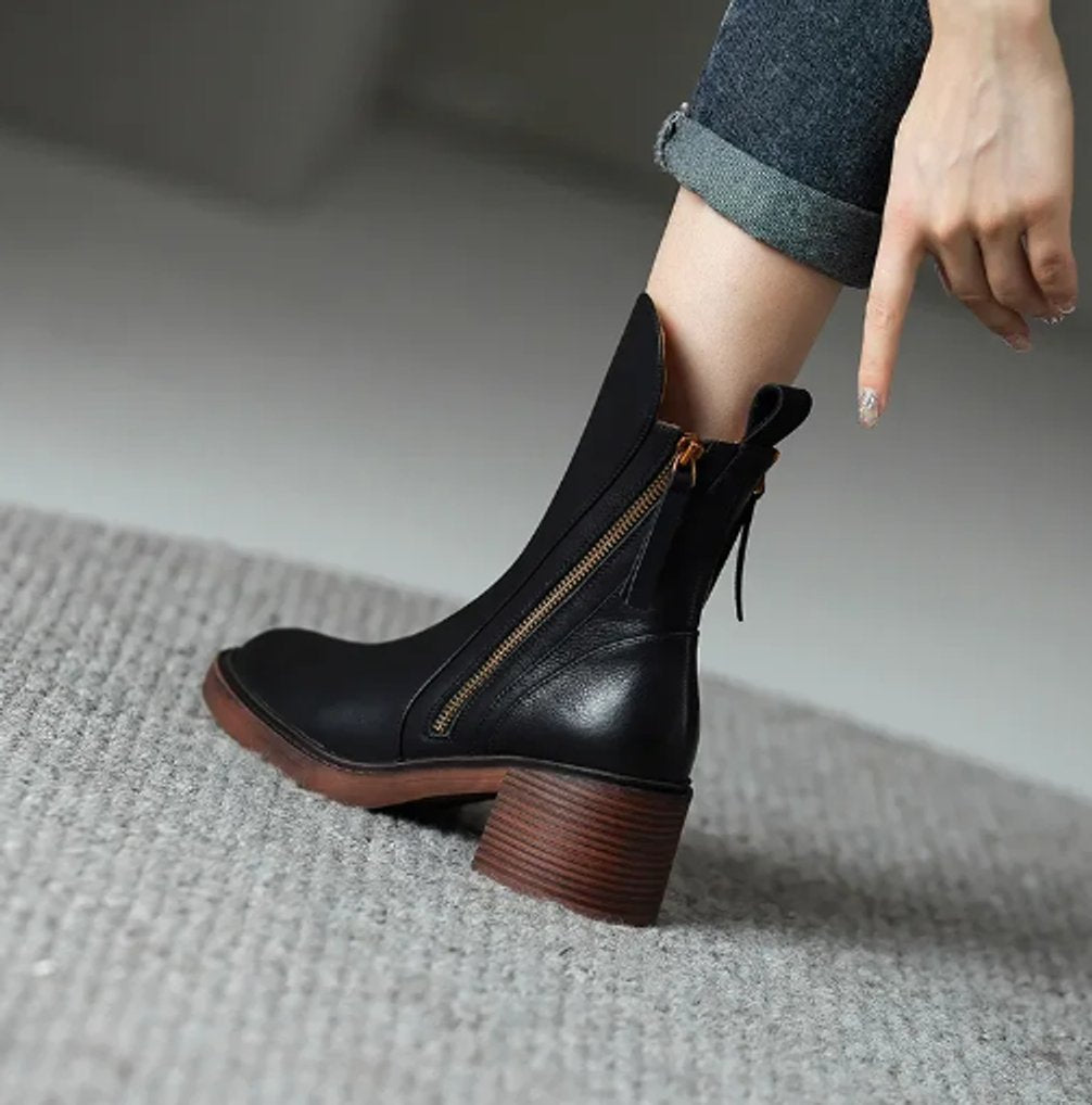 Georgia | Leather Heeled Ankle Boots with Side Zip and Block Heel
