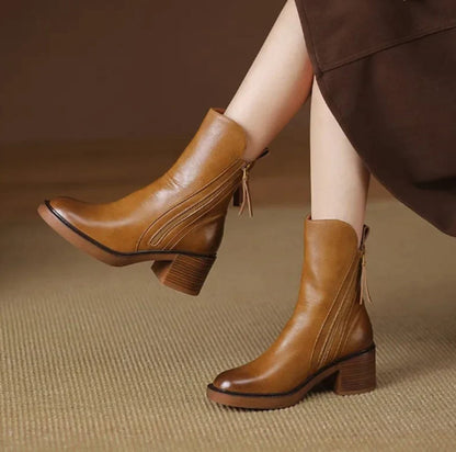 Georgia | Leather Heeled Ankle Boots with Side Zip and Block Heel