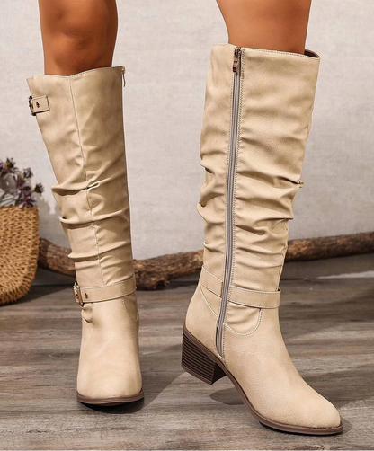 Bethany | Leather Knee High Boots with Double Buckle and Block Heel