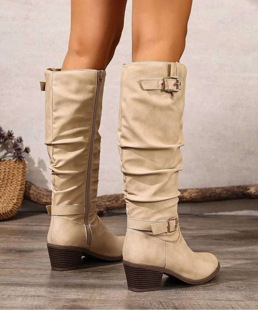 Bethany | Leather Knee High Boots with Double Buckle and Block Heel