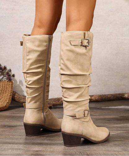 Bethany | Leather Knee High Boots with Double Buckle and Block Heel