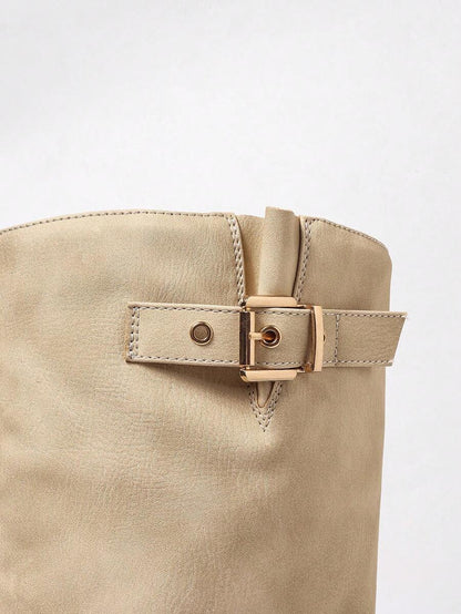 Bethany | Leather Knee High Boots with Double Buckle and Block Heel