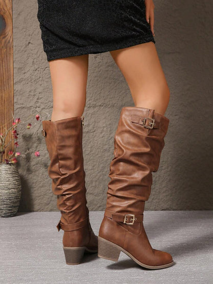 Bethany | Leather Knee High Boots with Double Buckle and Block Heel
