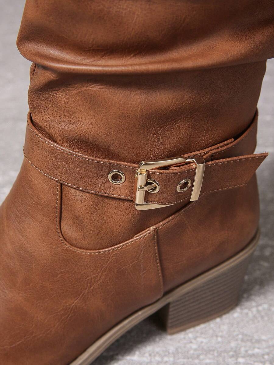 Bethany | Leather Knee High Boots with Double Buckle and Block Heel