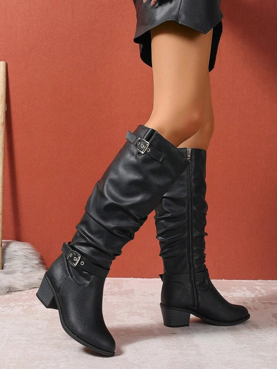 Bethany | Leather Knee High Boots with Double Buckle and Block Heel