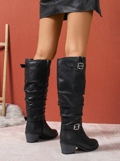 Bethany | Leather Knee High Boots with Double Buckle and Block Heel