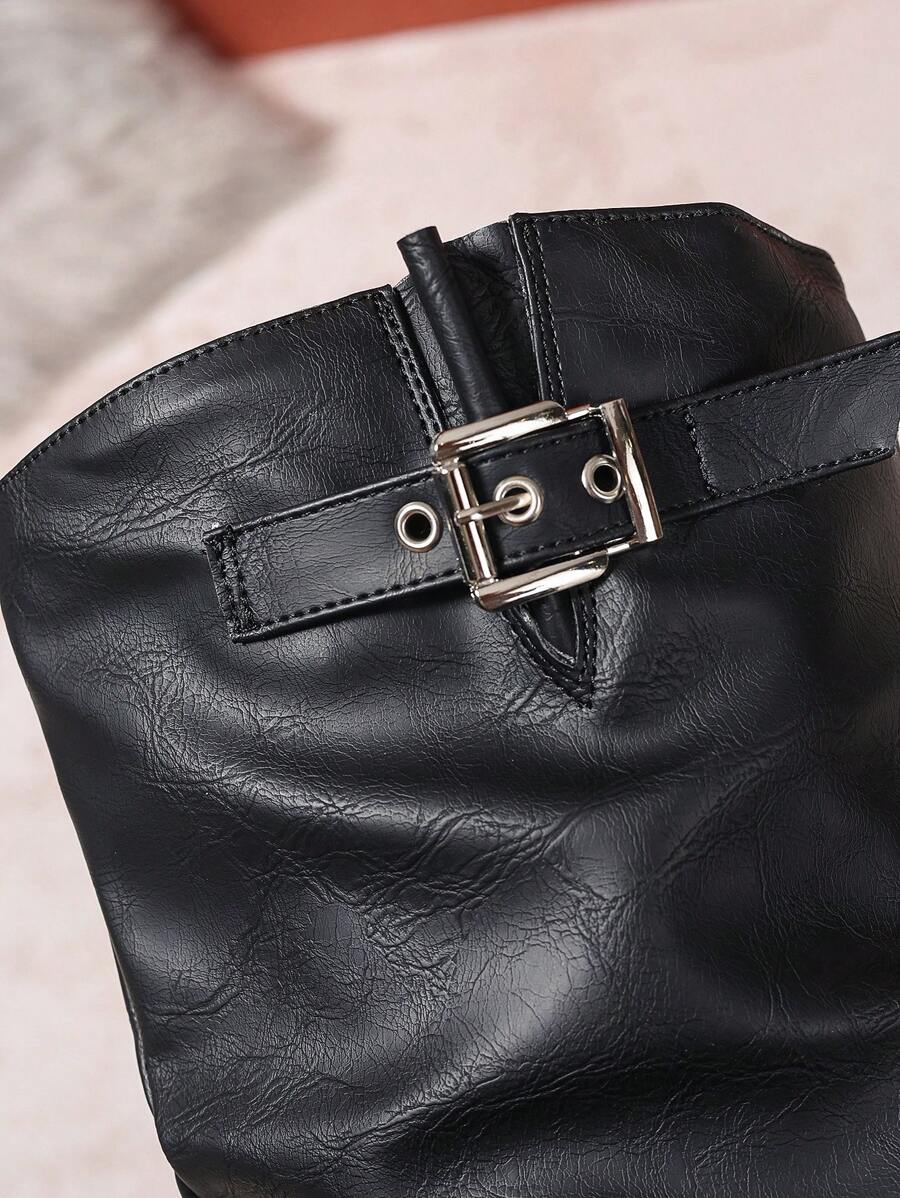 Bethany | Leather Knee High Boots with Double Buckle and Block Heel