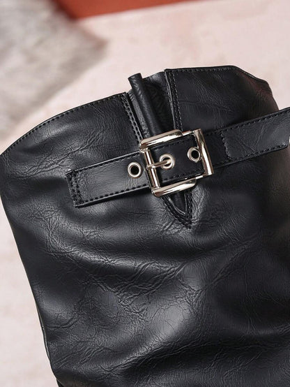 Bethany | Leather Knee High Boots with Double Buckle and Block Heel