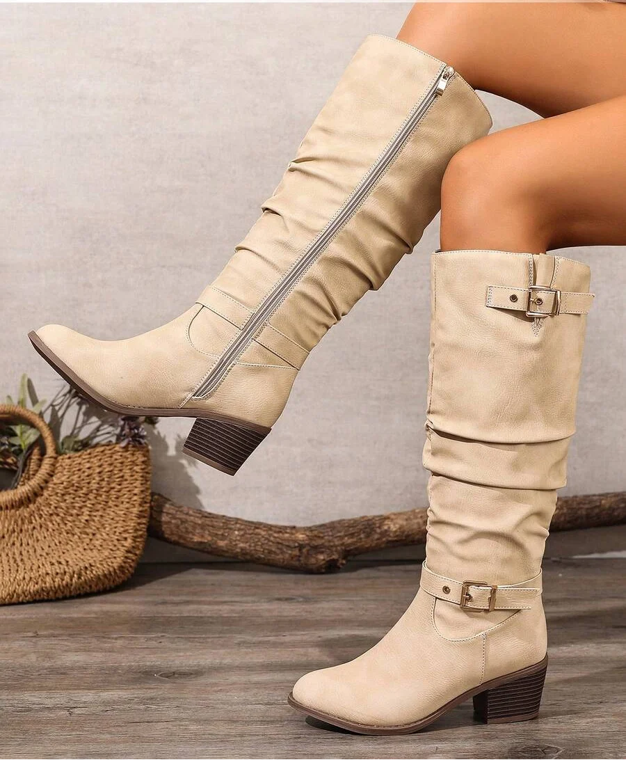 Bethany | Leather Knee High Boots with Double Buckle and Block Heel