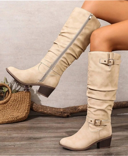 Bethany | Leather Knee High Boots with Double Buckle and Block Heel