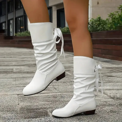 Ruby | Leather Knee High Boots with Ruched Shaft and Bow Tie Detail